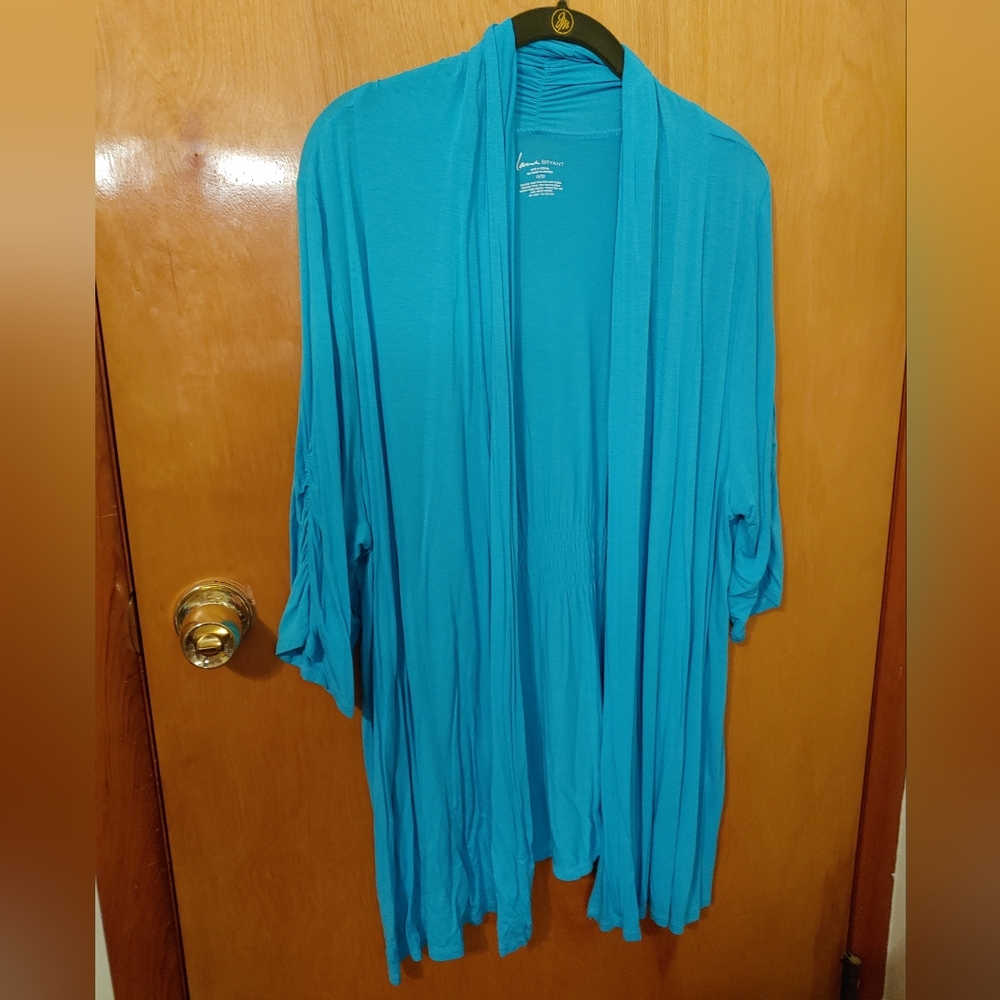Lane Bryant long turquoise sweater duster gathered sleeves 18 20 women's plus